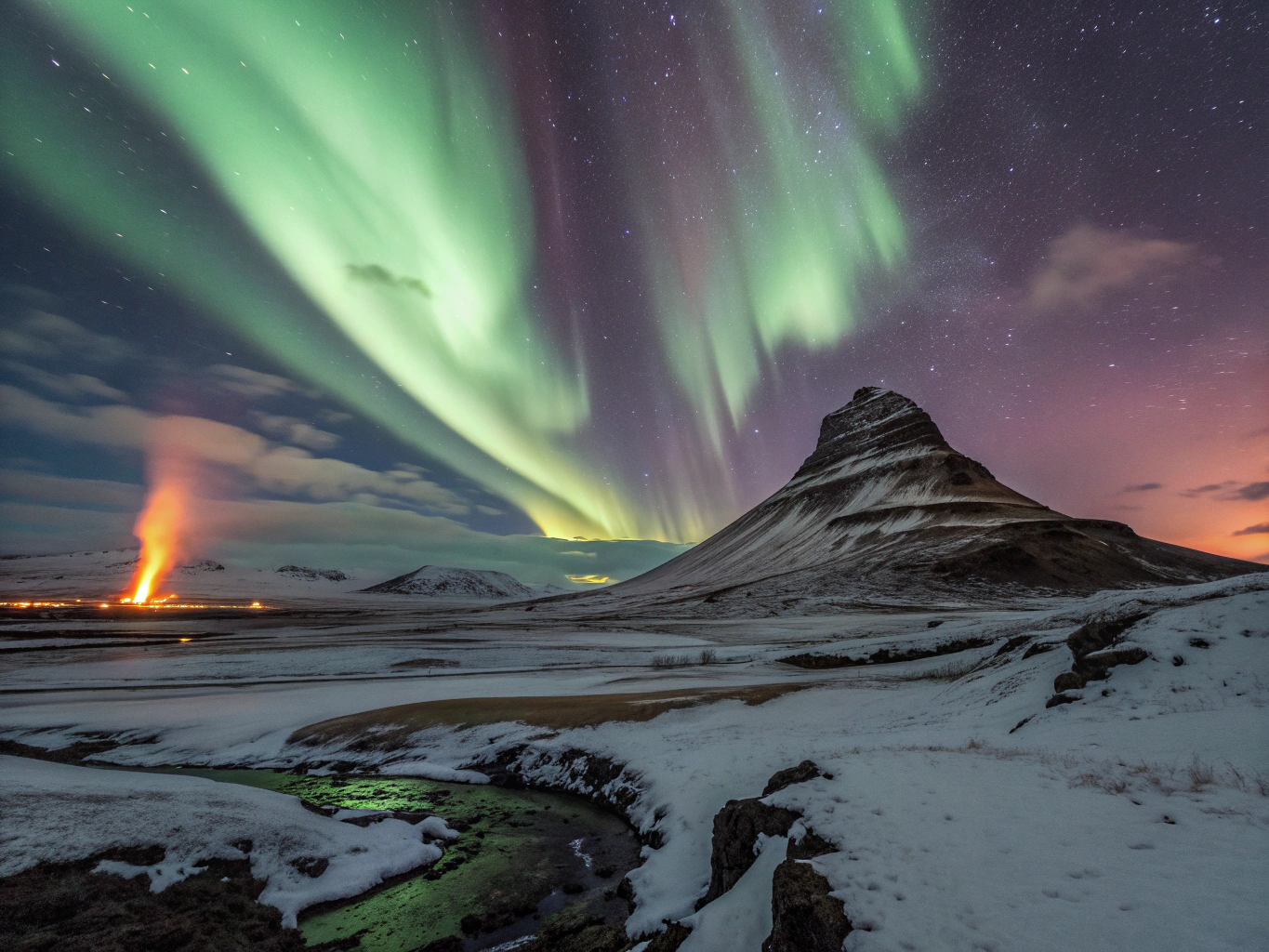Emerald aurora borealis dancing above volcanic caldera basalt plains