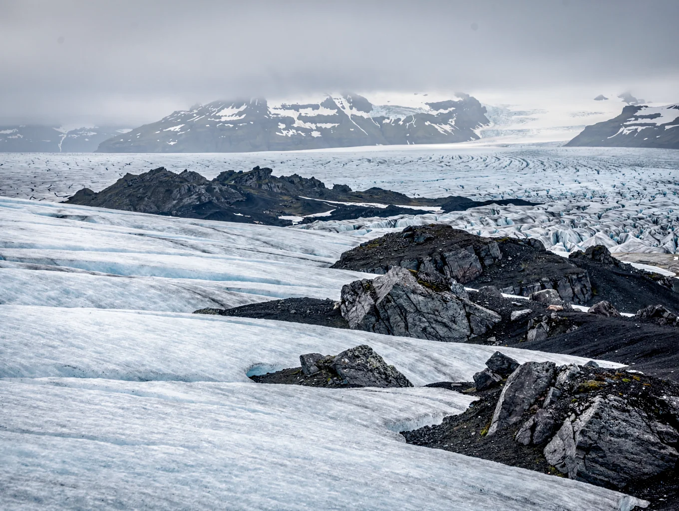 Massive ice shelf textures in Icelandic midnight sun