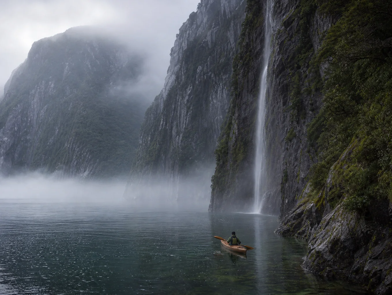 Dramatic twilight light across misty New Zealand glacial fjords